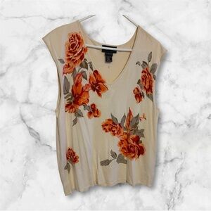 2X August Silk Sweater Top Silk Blend Plus 2X Beige  Floral Colorful Knit Top